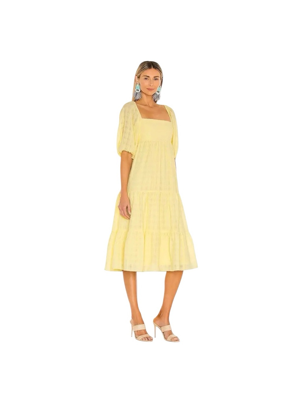 Amanda Uprichard  Soft Yellow Maisie Midi Dress Elastic Neck Puff sleeves M